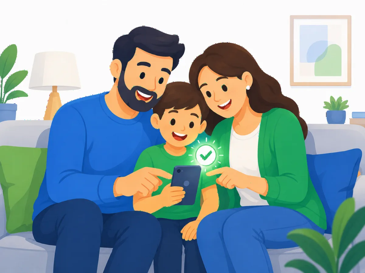 Familia tranquila revisando en su celular cómo están sus hijos en el colegio